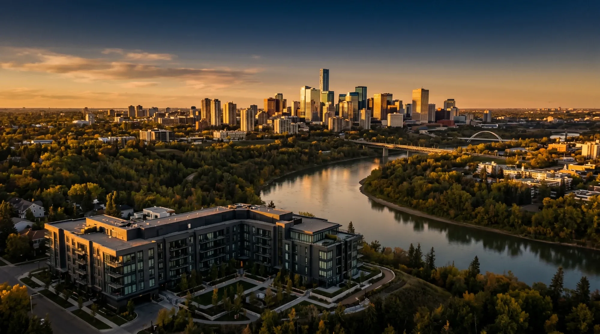 Edmonton skyline and river valley at golden hour